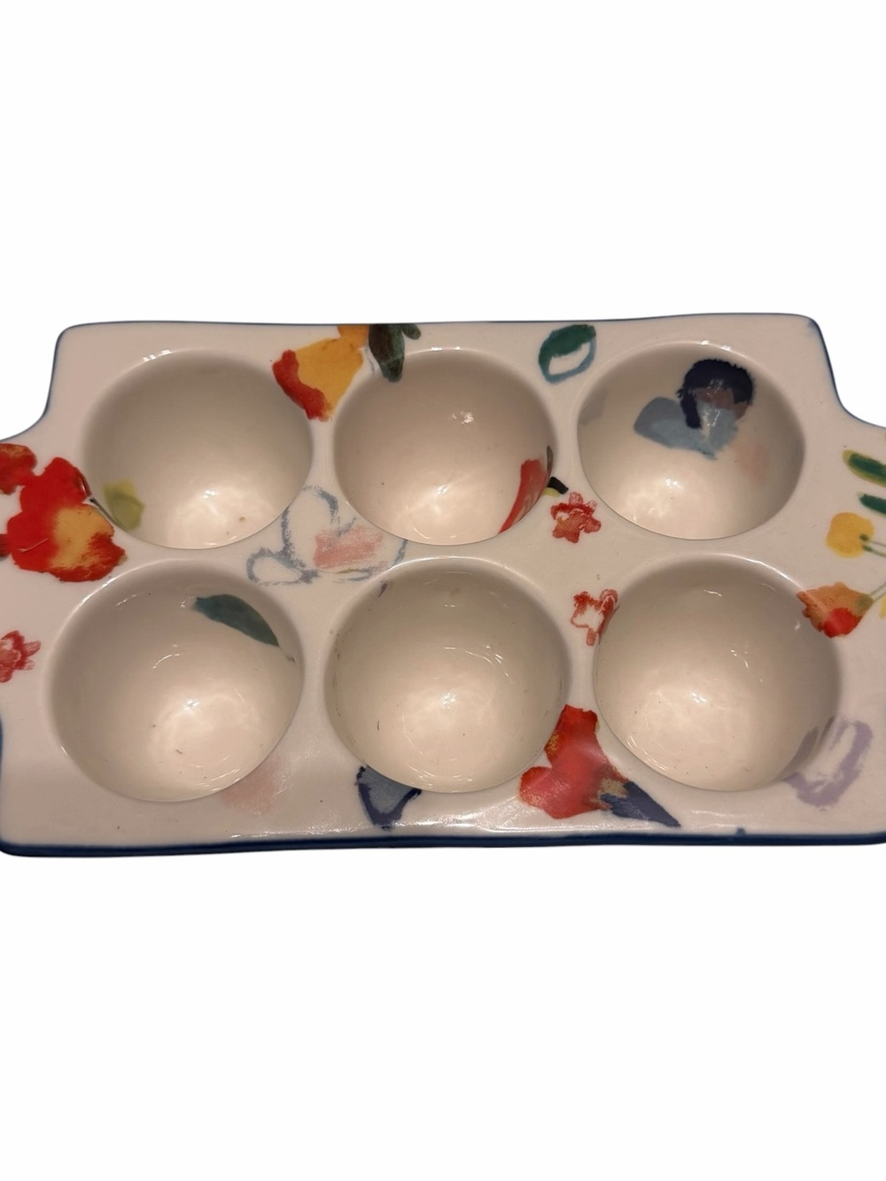 Floral Ceramic 6-Cup Egg or Appetizer Tray - White with Multicolor Accents
